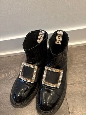 ViVI Black Patent Leather Ankle Booties with Crystal Buckle